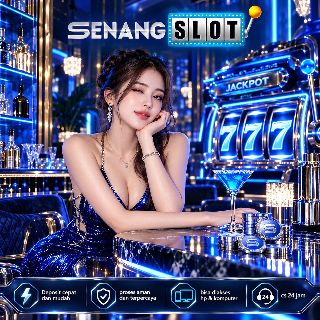 Poster SENANGSLOT dengan nuansa biru neon dan ilustrasi permainan 777