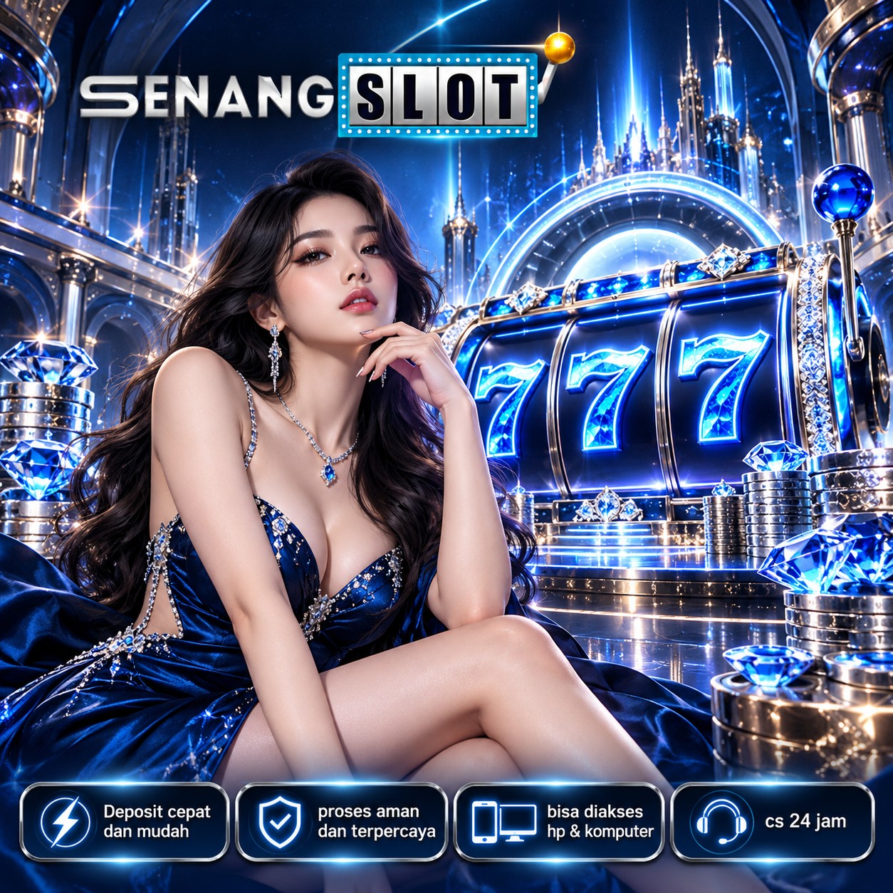 Poster SENANGSLOT dengan nuansa biru neon dan ilustrasi permainan 777